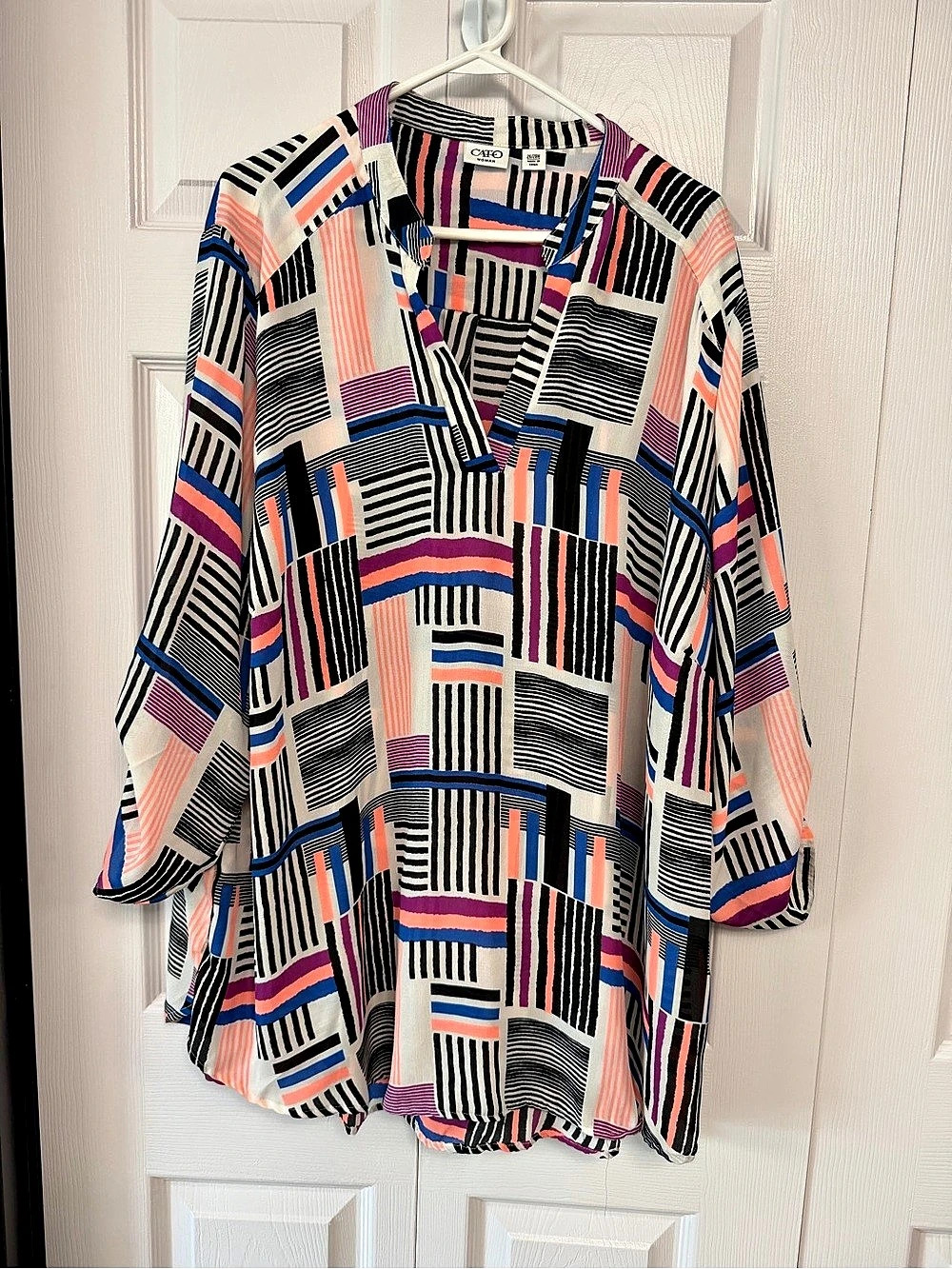 Cato Geometric Print Blouse in Black, White, Blue, Purple & Apricot/Peach.